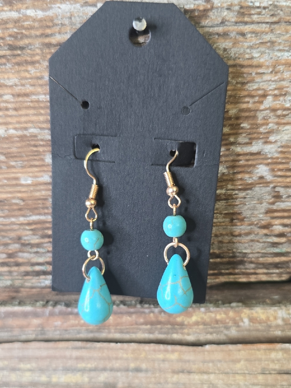 Turquoise Teardrop Dangle Earrings - Gold Accents, NEW